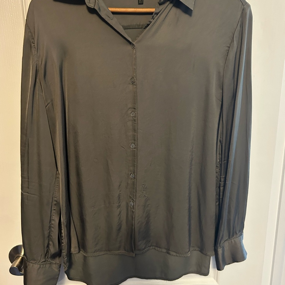 Massimo Dutti Charcoal Green Silky (100% Viscose) Button-Up Shirt